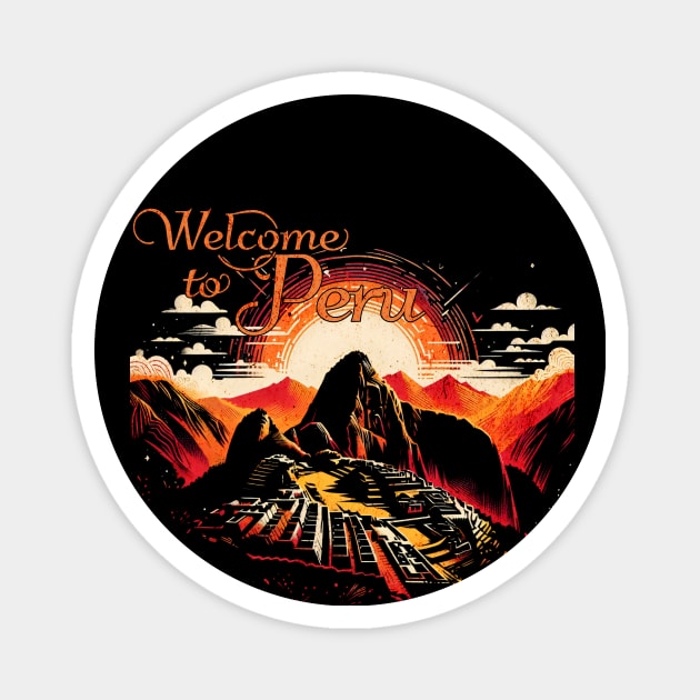 Welcome to Peru Machu Picchu Retro Design Magnet by Miami Neon Designs